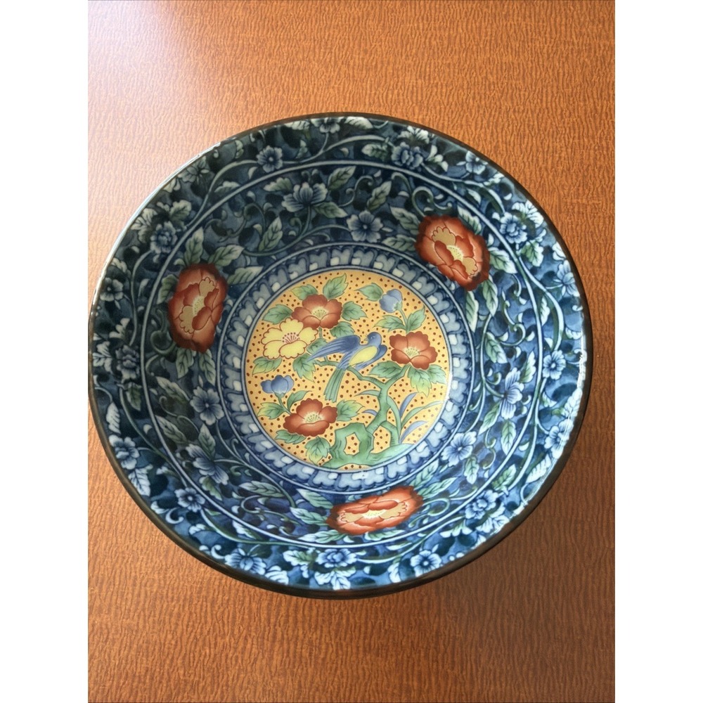 Vtg Asian Porcelain Hand Painted Blue Bird Bowl Orange Floral Japan 5.25"
